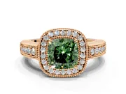 Milgrain Halo Engagement Ring Setting for Fancy Green Cushion Cut Center with Pave Band and Prong Head in Rose Gold