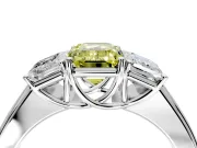 3 Stone Engagement Ring Setting for Fancy Yellow Emerald Cut Center with Raised Basket Heads and Prong Head in Platinum