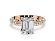 Solitaire Engagement Ring Setting for Emerald Cut Center with Domed Multi-Row Pave Band and Prong Head in Rose Gold