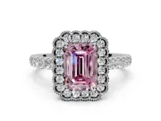 Milgrain Floral Halo Engagement Ring Setting for Fancy Pink Emerald Cut Center with Pave Band and Prong Head in Platinum