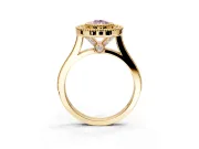 Halo Engagement Ring Setting for Fancy Pink Pear-Shaped Center with Milgrain Frame, Pave Band and Prong Head in Yellow Gold