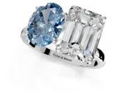Fancy Blue Oval and Emerald Cut Lab-Grown Diamond Toi et Moi Engagement Ring with Prong-Set Stones in Sterling Silver