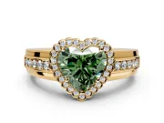 Halo Engagement Ring Setting for Fancy Green Heart-Shaped Center with Wide Band, Inlaid Accent Row and Prong Head in Yellow Gold