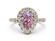 Halo Engagement Ring Setting for Fancy Pink Pear-Shaped Center with Heart-Shaped Openwork, Pave Band and Prong Head in Yellow Gold