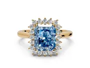 Starburst Halo Engagement Ring Setting for Fancy Blue Radiant Cut Center with Thin Round-Wire Band and Prong Head in Yellow Gold