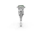 Milgrain Halo Engagement Ring Setting for Fancy Green Radiant Cut Center with Shoulder Bezels and Prong Head in Sterling Silver