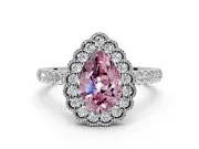 Milgrain Floral Halo Engagement Ring Setting for Fancy Pink Pear-Shaped Center with Pave Band and Prong Head in Platinum