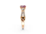 3 Stone Engagement Ring Setting for Fancy Pink Cushion Cut Center with Pave Split Shank and Prong Head in Rose Gold