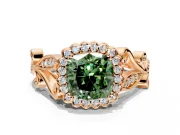 Halo Engagement Ring Setting for Fancy Green Cushion Cut Center with Leaf Motif Split Shank and Prong Head in Rose Gold