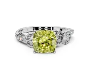 Leaf Motif Engagement Ring Setting for Fancy Yellow Cushion Cut Center with Pave Band and Prong Head in Platinum