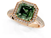Milgrain Halo Engagement Ring Setting for Fancy Green Asscher Cut Center with Three-Sided Pave Band and Prong Head in Rose Gold