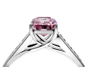Solitaire Engagement Ring Setting for Fancy Pink Emerald Cut Center with Round Cut Channel Band and Prong Head in White Gold
