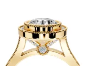 Halo Engagement Ring Setting for Round Cut Center with Milgrain Frame, Pave Band and Prong Head in Yellow Gold