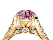Solitaire Engagement Ring Setting for Fancy Pink Round Cut Center with Pave Cathedral Shoulders and Prong Head in Yellow Gold