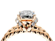 Halo Engagement Ring Setting for Emerald Cut Center with Rope Twist Split Shank and Prong Head in Rose Gold