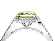 Halo Engagement Ring Setting for Fancy Yellow Asscher Cut Center with Narrowing Pave Band and Prong Head in Platinum
