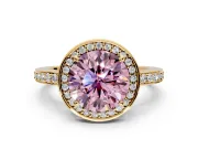 Halo Engagement Ring Setting for Fancy Pink Round Cut Center with Metal-Rimmed Halo, Pave Band and Prong Head in Yellow Gold