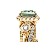 Bypass Halo Engagement Ring Setting for Fancy Green Princess Cut Center with Bezel Accents, Milgrain and Prong Head in Yellow Gold