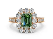 Halo Engagement Ring Setting for Fancy Green Emerald Cut Center with Milgrain Channel Band and Prong Head in Rose Gold