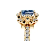 Floral Halo Engagement Ring Setting for Fancy Blue Asscher Cut Center with Pave Band and Prong Head in Yellow Gold