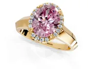 Halo Engagement Ring Setting for Fancy Pink Oval Center with Knife Ridge Cathedral Band and Prong Head in Yellow Gold