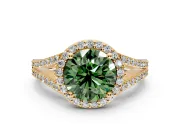 Halo Engagement Ring Setting for Fancy Green Round Cut Center with Pave Split Shank and Prong Head in Yellow Gold