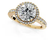 Accent Halo Engagement Ring Setting for Round Cut Center with Full-Length Pave Band and Prong Head in Yellow Gold