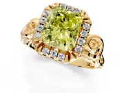 Halo Engagement Ring Setting for Fancy Yellow Radiant Cut Center with Open Scroll Shoulders and Prong Head in Yellow Gold