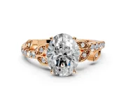 Leaf Motif Engagement Ring Setting for Oval Center with Pave Band and Prong Head in Rose Gold