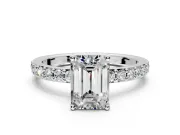 Solitaire Engagement Ring Setting for Emerald Cut Center with Round Cut Pave Band and Prong Head in Platinum