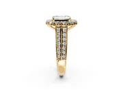 Large Accent Halo Engagement Ring Setting for Emerald Cut Center with Pave Split Shank and Prong Head in Yellow Gold