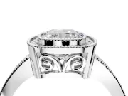 Halo Engagement Ring Setting for Cushion Cut Center with Milgrain Halo, Pave Band and Prong Head in White Gold