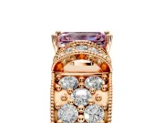 Pave Engagement Ring Setting for Fancy Pink Emerald Cut Center with Curved Accent Rows, Openwork and Prong Head in Rose Gold