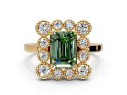 Cluster Halo Engagement Ring Setting for Fancy Green Emerald Cut Center with Milgrain Bezel Accents and Prong Head in Yellow Gold