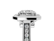Halo Engagement Ring Setting for Radiant Cut Center with Outer Bezel Rim, Pave Band and Prong Head in Platinum