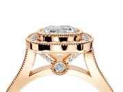 Halo Engagement Ring Setting for Cushion Cut Center with Milgrain Frame, Pave Band and Prong Head in Rose Gold