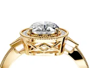 Halo Engagement Ring Setting for Oval Center with Milgrain Rim, Pave Band and Prong Head in Yellow Gold