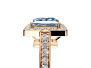 Bezel-Framed Halo Engagement Ring Setting for Fancy Blue Princess Cut Center with Pave Band and Prong Head in Rose Gold