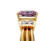 Solitaire Engagement Ring Setting for Fancy Pink Emerald Cut Center with Grooved Bar Accent Band and Prong Head in Yellow Gold