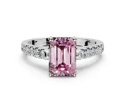 Solitaire Engagement Ring Setting for Fancy Pink Emerald Cut Center with Partway Pave Band and Prong Head in Sterling Silver
