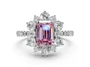 Floral Halo Engagement Ring Setting for Fancy Pink Emerald Cut Center with Pave Accents and Prong Head in Sterling Silver