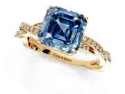 Solitaire Engagement Ring Setting for Fancy Blue Asscher Cut Center with Twisted Pave Band and Prong Head in Yellow Gold