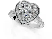 Milgrain Halo Engagement Ring Setting for Heart-Shaped Center with Three-Sided Pave Band and Prong Head in White Gold