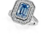 Halo Engagement Ring Setting for Fancy Blue Emerald Cut Center with Milgrain Frame, Pave Band and Prong Head in Sterling Silver