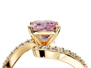 Solitaire Engagement Ring Setting for Fancy Pink Cushion Cut Center with Pave Bypass Swirl Band and Prong Head in Yellow Gold