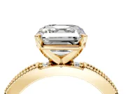 Solitaire Engagement Ring Setting for Asscher Cut Center with Milgrain-Edged Pave Band and Prong Head in Yellow Gold