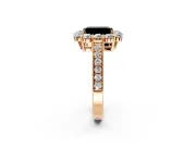 Halo Engagement Ring Setting for Fancy Black Emerald Cut Center with Milgrain Channel Band and Prong Head in Rose Gold