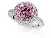 Halo Engagement Ring Setting for Fancy Pink Round Cut Center with Metal-Rimmed Halo, Pave Band and Prong Head in Platinum