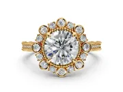 Milgrain Halo Engagement Ring Setting for Round Cut Center with Bezel Point Accents and Prong Head in Yellow Gold