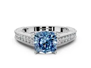 Solitaire Engagement Ring Setting for Fancy Blue Cushion Cut Center with Engraved Pave Band and Prong Head in Platinum